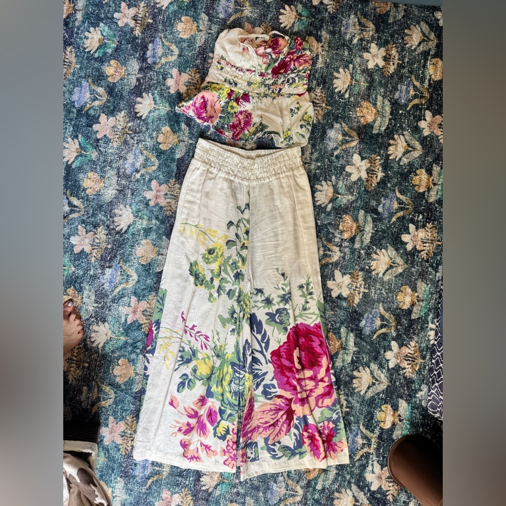 Anthropologie the Somerset Floral Linen Top & Wide Leg Pull On Pants Set - Picture 2 of 11